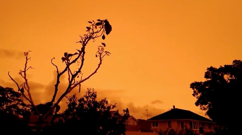 A view of orange skies in Auckland, New Zealand, from smoke plumes caused by bushfires in Australia