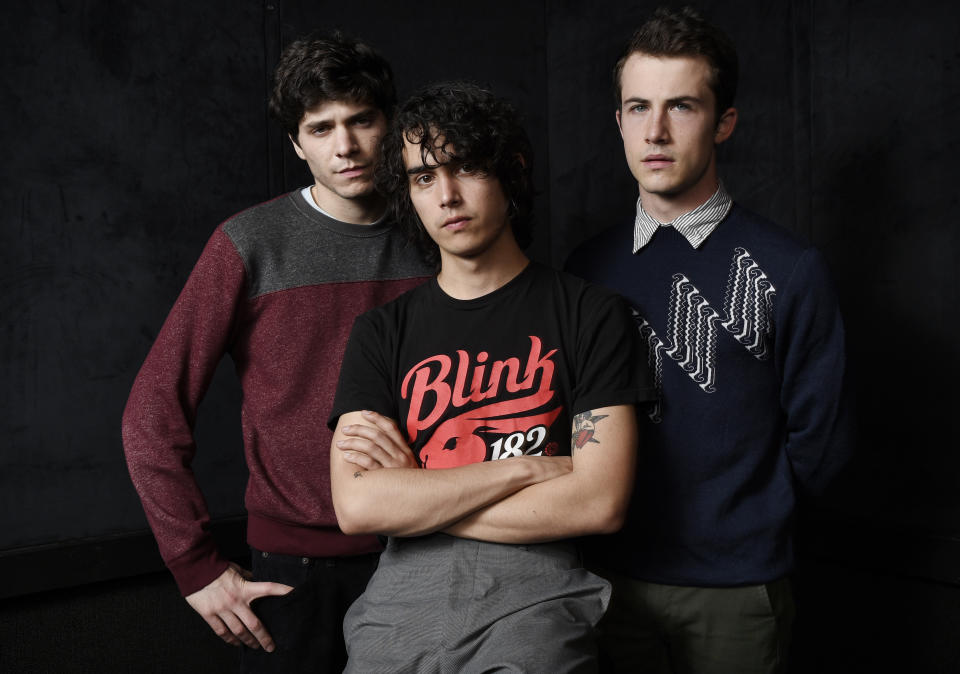 This March 20, 2019 photo shows Braeden Lemasters, from left, Cole Preston and Dylan Minnette of the indie rock band Wallows posing for a portrait at SIR Studios in Los Angeles. (Photo by Chris Pizzello/Invision/AP)