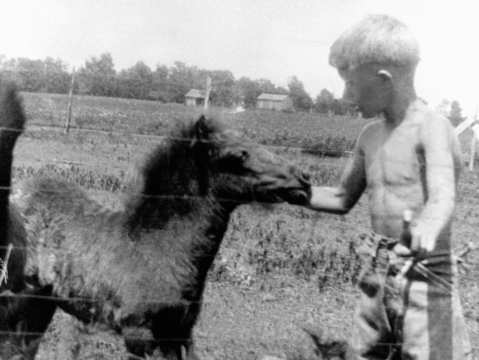 Jimmy Carter as a boy petting a colt in a field circa 1920s