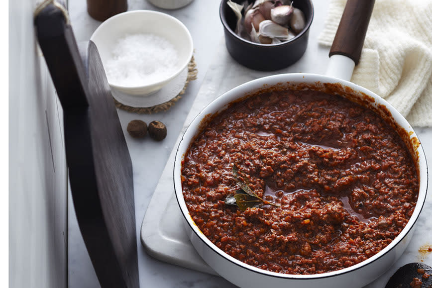 I avoid pre-packaged sauces as they're usually laden with sugar and make my own using lean mince meat, onion, tomatoes, basil and thyme.