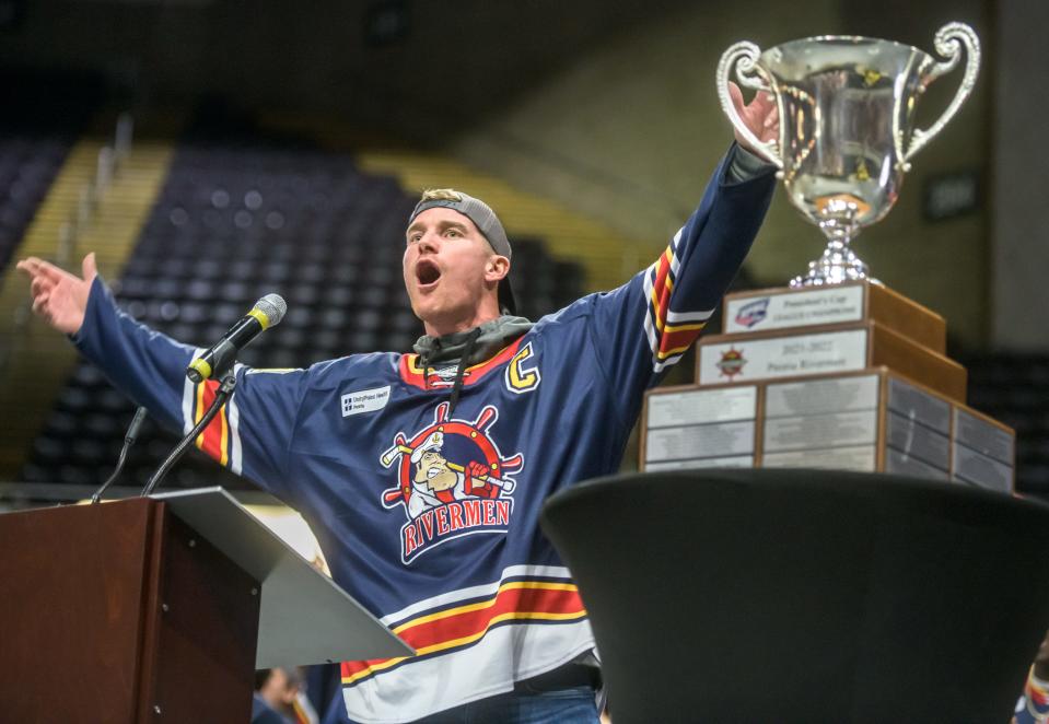 Peoria Rivermen captain and Peoria-area native Alec Hagaman celebrates his team's SPHL championship with hundreds of fans gathered for a ceremony Friday, May 6, 2022 at the Peoria Civic Center.