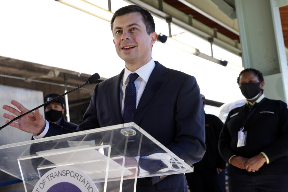 Secretary of Transportation Pete Buttigieg speaks to Amtrak employees during a visit to Union Station in Washington, D.C., in February. (Photo: Alex Wong via Getty Images)