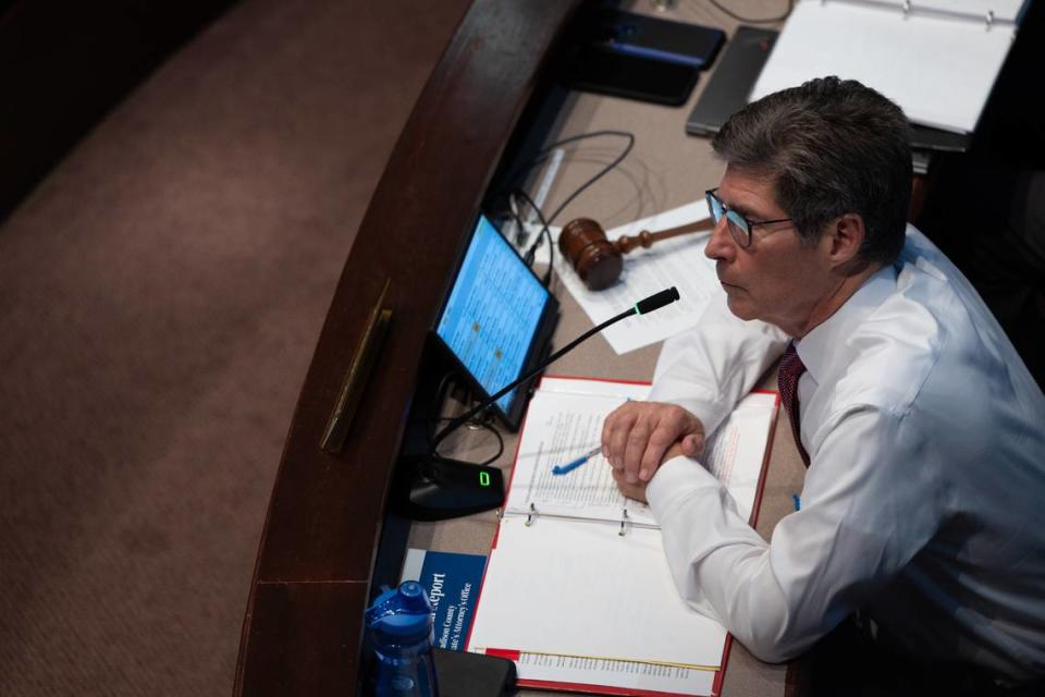 Madison County Board Chairman Kurt Prenzler stares on during a Madison County Board meeting on April 17, 2024.