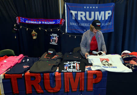 Donald Trump merchandise is displayed for sale at the North Dakota Republican Convention in Grand Forks, North Dakota, U.S. April 7, 2018. REUTERS/Dan Koeck