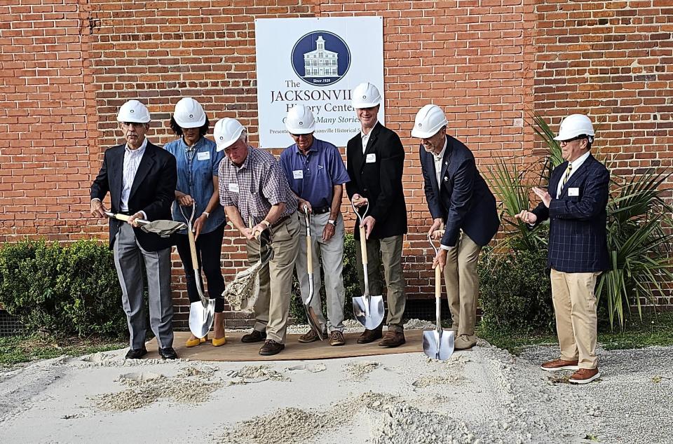 A groundbreaking ceremony was held Oct. 5 for the Jacksonville History Center, which will make its home in the century-old Florida Casket Co. building at 314 Palmetto St. Pictured are Ron Salem, president, Jacksonville City Council (from left); Brittany Norris, director of intergovernmental affairs, city of Jacksonville; Matt Carlucci, at-large member, Jacksonville City Council; Mike Crabtree, president, Crabtree Construction; David Auchter, Jacksonville Historical Society board chairman and vice president of marketing, The Haskell Co.; Chris Miller, at-large member, Jacksonville City Council; and Alan Bliss, CEO, Jacksonville Historical Society and History Center.