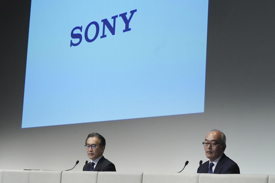 Hiroki Totoki, Sony Corp. Chief Financial Officer, right, and Kenichiro Yoshida, chief executive officer attend a press conference Thursday, Feb. 2, 2023, in Tokyo. Totoki, will become the president and chief operating officer, of Sony Corp. said in a statement. (AP Photo/Eugene Hoshiko)