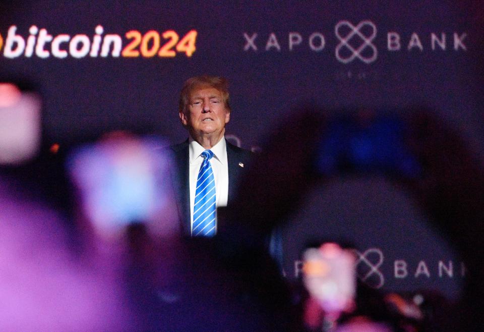 Former President Donald Trump addresses the Bitcoin2024 conference at the Music City Center in Nashville, Tenn., Saturday, July 27, 2024.