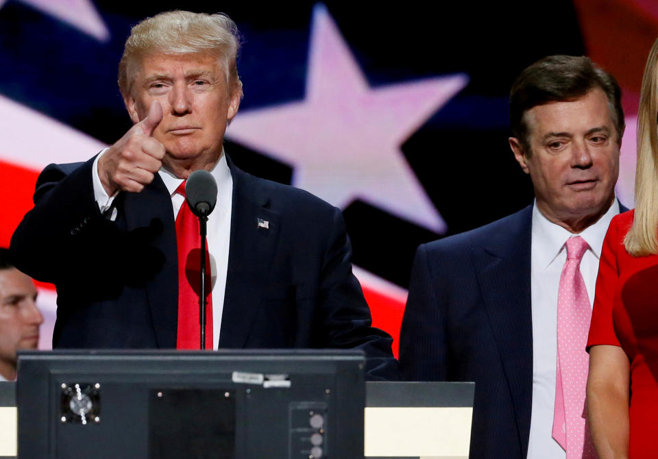 <span class="s1">Republican nominee Donald Trump with campaign chairman Paul Manafort at the Republican National Convention in July 2016. (Photo: Rick Wilking/Reuters)</span>