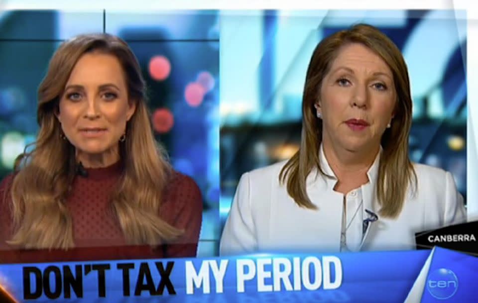 Carrie interviewed Catherine King about the recent block to abolish the tampon tax. Source: The Project / Channel 10