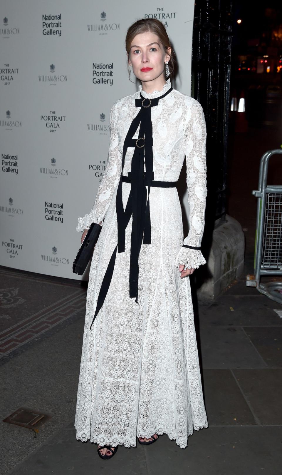 Rosamund Pike wore a Victoriana-style white dress.