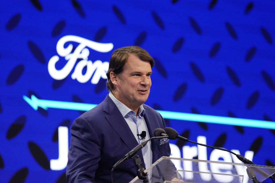 Ford Motor Co., President and CEO Jim Farley announces the automaker's new BlueOval Battery Park, Monday, Feb. 13, 2023, in Romulus, Mich. The automaker plans to build a $3.5 billion electric vehicle battery plant about 100 miles west of Detroit that would employ about 2,500 people. The plant was revealed Monday at a meeting of the Michigan Strategic Fund, which approved a large state tax incentive package for the project near the city of Marshall. (AP Photo/Carlos Osorio)
