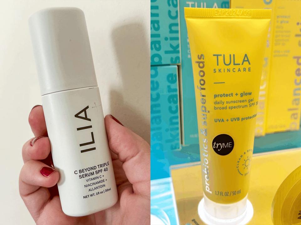 A hand holds a white bottle with Ilia logo and "C Beyond Triple Serum SPF 40" text; A bright-yellow tube of Tula Skincare protect + glow SPF on a shelf with blue boxes behind it