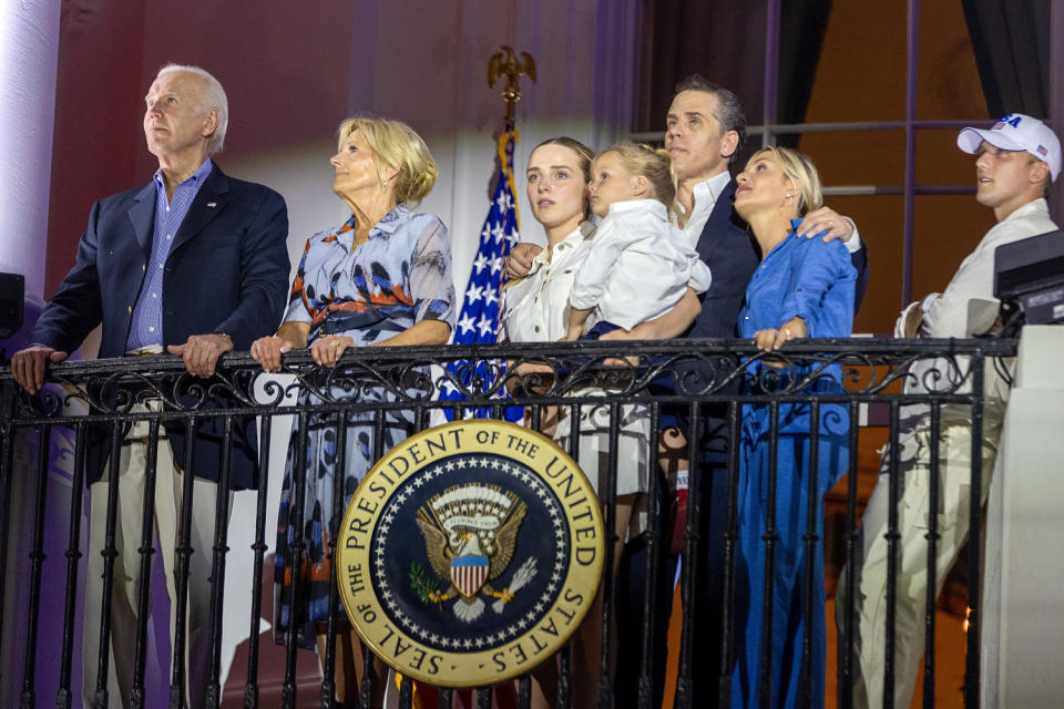 WASHINGTON, DC - JULY 04: (L-R) President Joe Biden, first lady Jill Biden, Finnegan Biden holding Beau Biden, Hunter Biden, Melissa Cohen and Peter Neal watch fireworks on the South Lawn of the White House on July 04, 2023 in Washington, DC. The Bidens hosted a Fourth of July BBQ and concert with military families and other guests on the South Lawn of the White House. (Tasos Katopodis / Getty Images file)