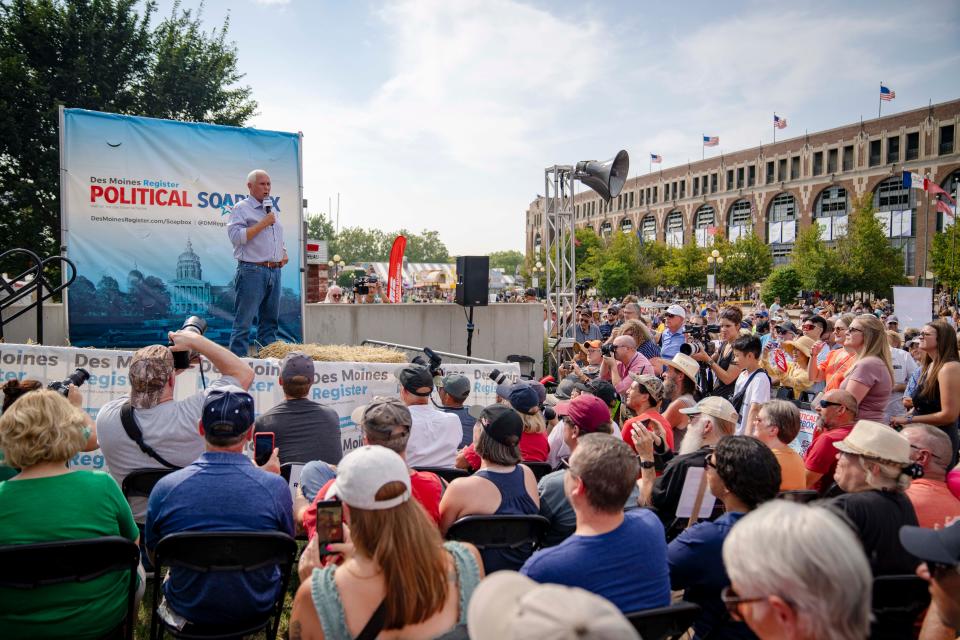 GOP presidential candidate Mike Pence speaks at the Des Moines Register political soapbox during the Iowa State Fair, Thursday, Aug. 10, 2023.