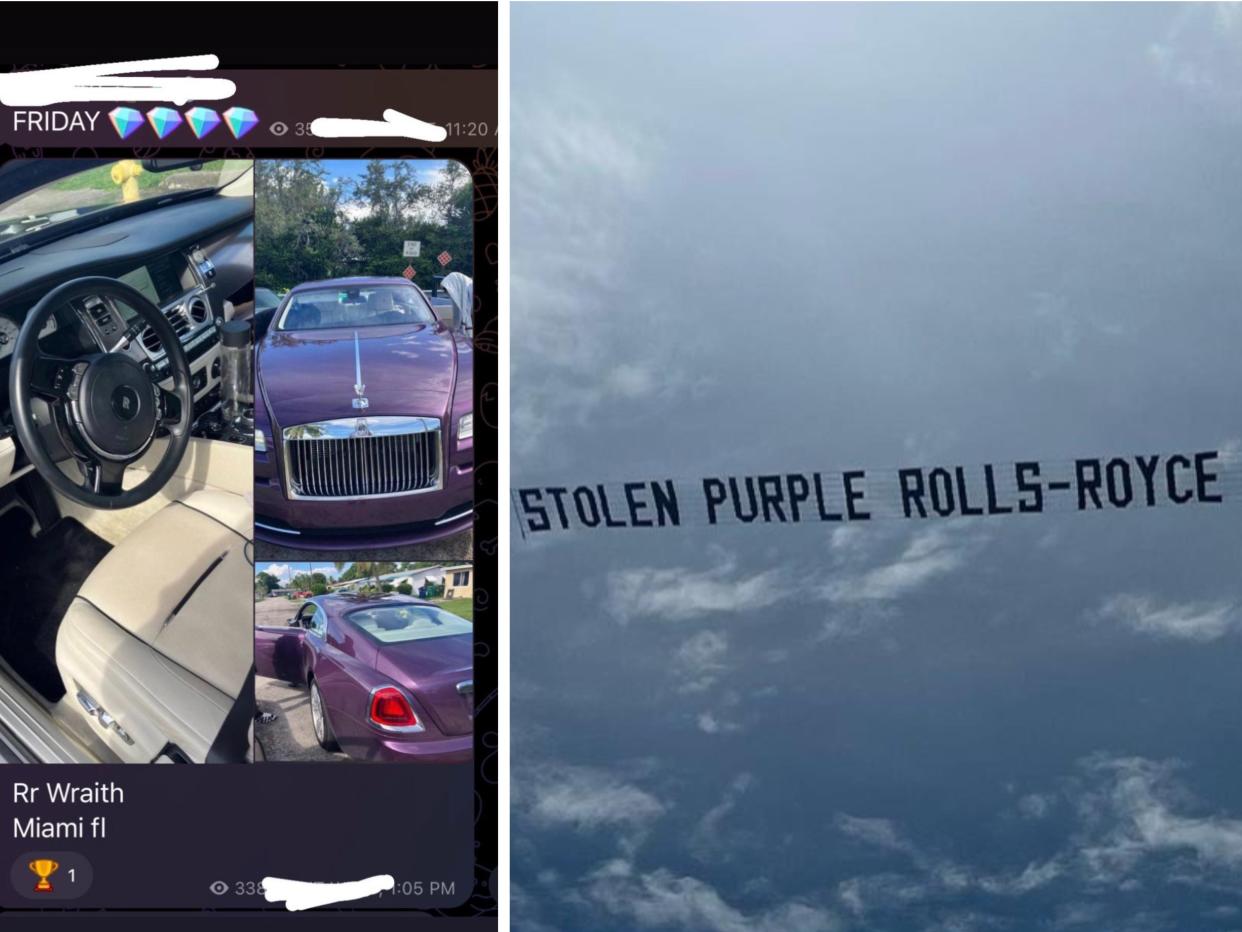 On the left, a screenshot from the app telegram with photos of a a purple Rolls Royce car. On the right, a banner in the sky that reads 