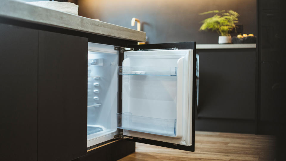 Open door to an empty fridge in a contemporary kitchen