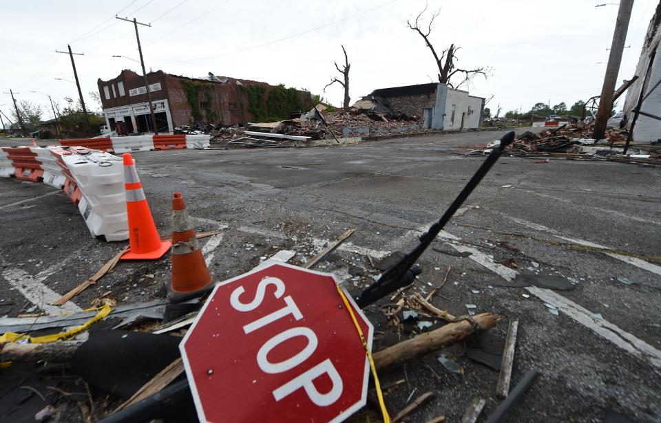 A month after an EF-4 tornado hit Rolling Fork, the intersection of Locus Street and Robert Morganfield Way was blocked off from traffic on Wednesday, April 26, 2023.