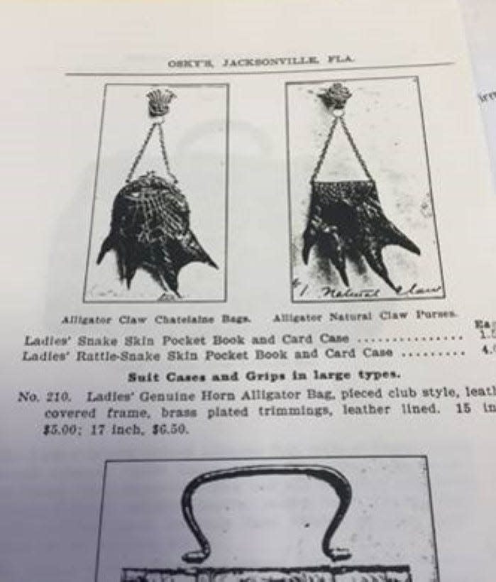 A catalog showing the alligator claw purses available at Osky's Curio Store in the late 19th century.