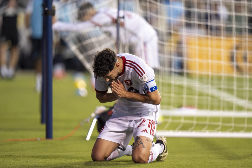 Toronto FC's Jonathan Osorio reacts during the first half of the team's MLS soccer match against the Philadelphia Union, Wednesday, May 29, 2024, in Chester, Pa. (AP Photo/Chris Szagola)