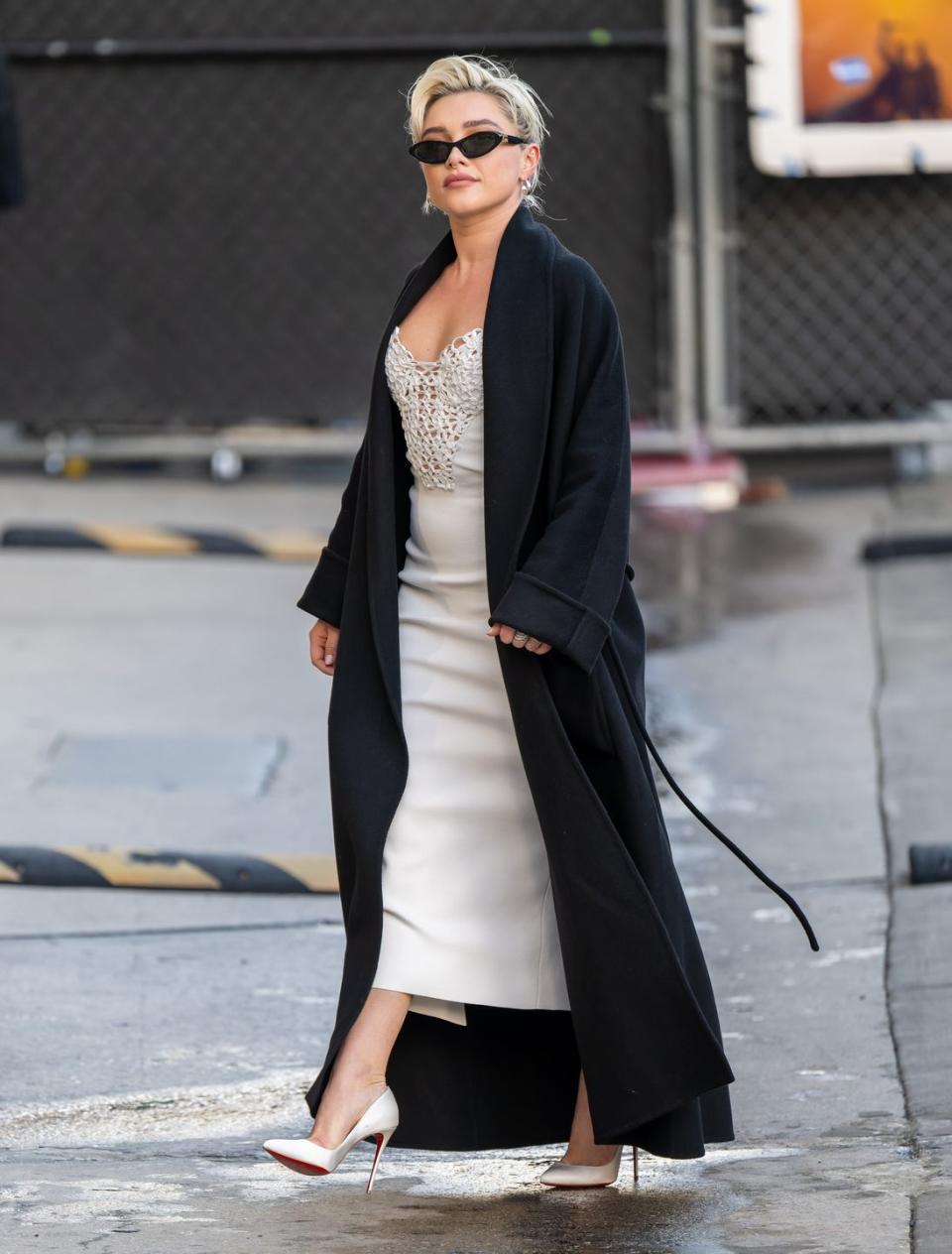 los angeles, ca february 01 florence pugh is seen arriving at jimmy kimmel live on february 01, 2024 in los angeles, california photo by rbbauer griffingc images