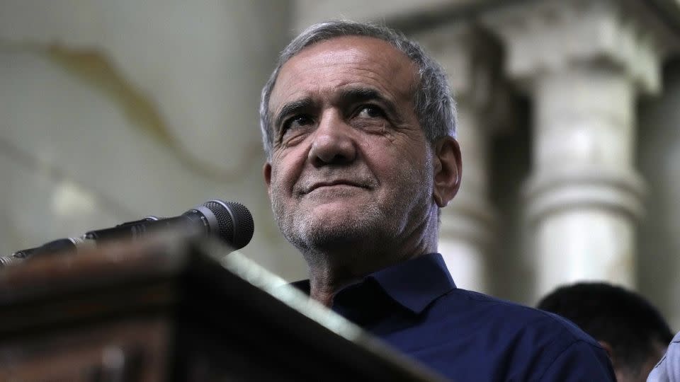 Iran's President-elect Masoud Pezeshkian speaks at the shrine of the late revolutionary founder Ayatollah Khomeini, just outside Tehran, on July 6, 2024. - Vahid Salemi/AP