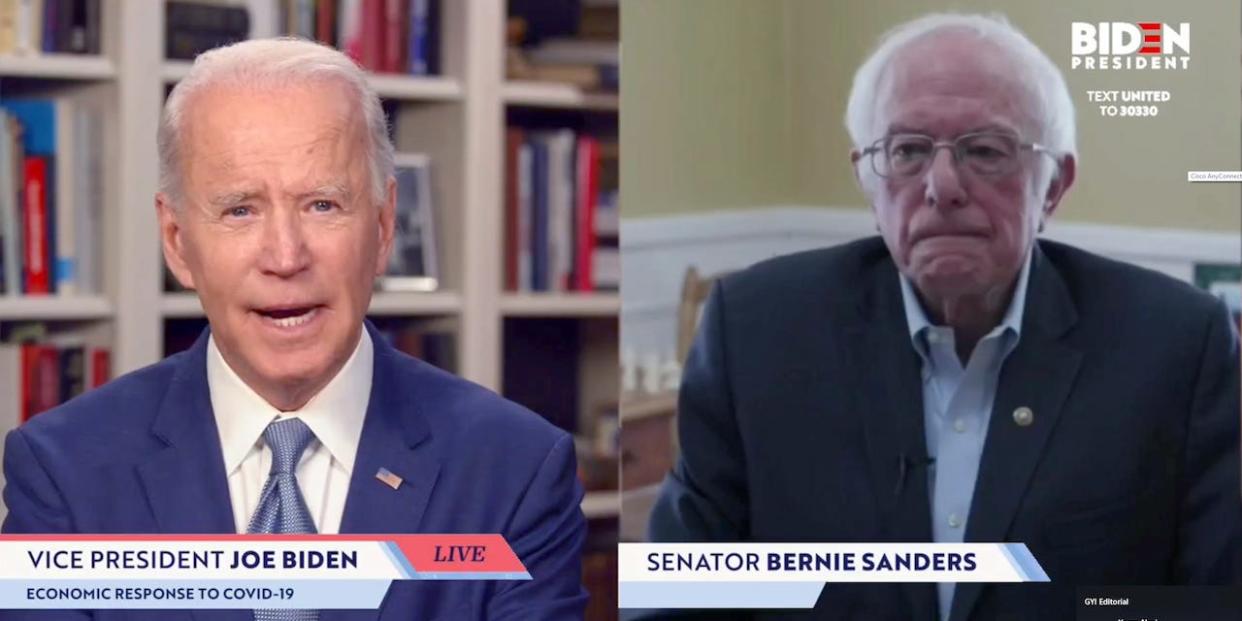 Sen. Bernie Sanders endorses Democratic presidential candidate former Vice President Joe Biden during a live streaming broadcast on April 13, 2020.