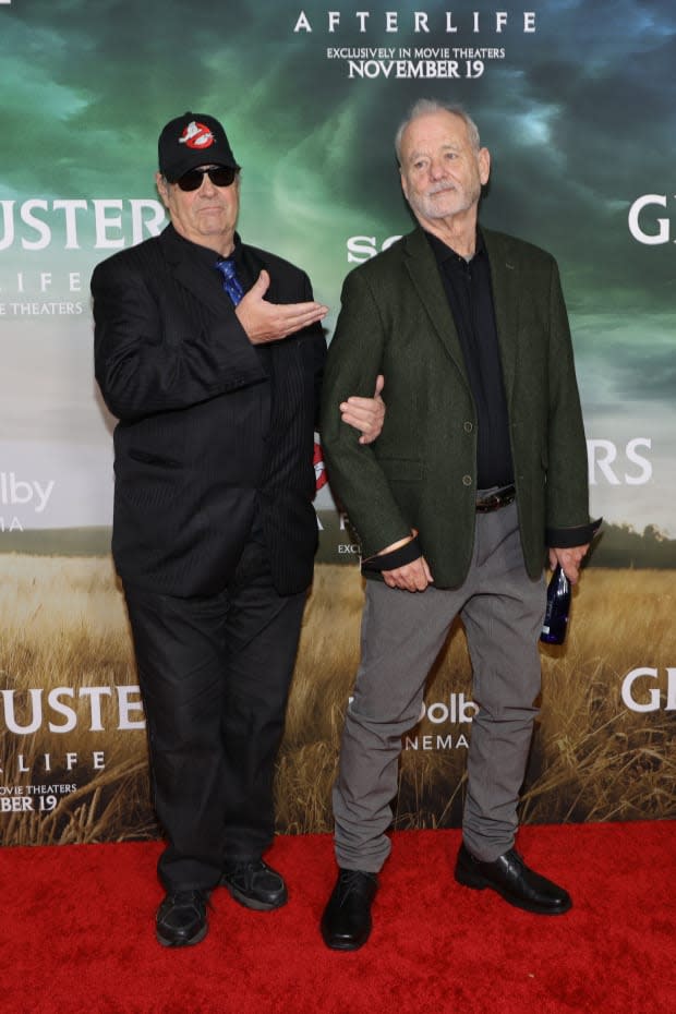 Dan Aykroyd and Bill Murray attend the "Ghostbusters: Afterlife" New York premiere at AMC Lincoln Square Theater on Nov. 15, 2021.<p><a href="https://www.gettyimages.com/detail/1353535418" rel="nofollow noopener" target="_blank" data-ylk="slk:Mike Coppola/Getty Images;elm:context_link;itc:0;sec:content-canvas" class="link ">Mike Coppola/Getty Images</a></p>