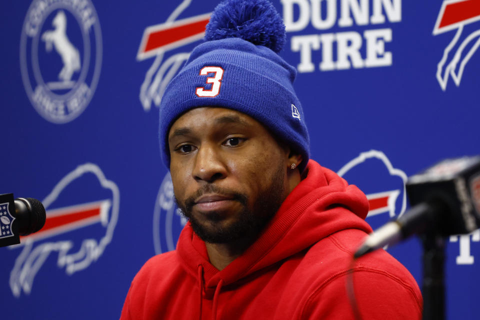 FILE - Buffalo Bills running back Nyheim Hines (20) attends a news conference after their NFL football game against the New England Patriots, Sunday, Jan. 8, 2023, in Orchard Park, N.Y. Hines sustained a knee injury in a jet skiing accident and will miss the season, a person with knowledge of the situation told The Associated Press on Monday, July 24, 2023.(AP Photo/Jeffrey T. Barnes, File)
