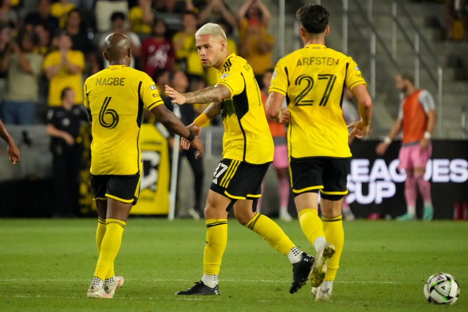 Aug 13, 2024; Columbus, Ohio, USA; Columbus Crew forward Christian Ramirez (17) celebrates a goal with midfielder Darlington Nagbe (6) during the second half of the Leagues Cup round of 16 game against Inter Miami CF at Lower.com Field. The Crew won 3-2.