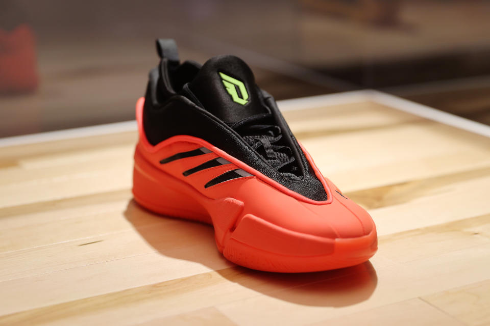 INDIANAPOLIS, INDIANA - FEBRUARY 16: A shoe on display during the Future Of adidas Basketball Mixer at adidas Hospitality Lounge on February 16, 2024 in Indianapolis, Indiana. (Photo by Mat Hayward/Getty Images for adidas Basketball)