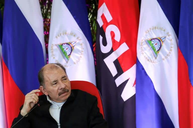 Fotografía cedida por la Presidencia de Nicaragua que muestra al presidente Daniel Ortega durante una reunión con el secretario del Consejo de Seguridad de Rusia, el general Nikolai Patrushev, en Managua, el 28 de febrero de 2024. (Cesar PEREZ)