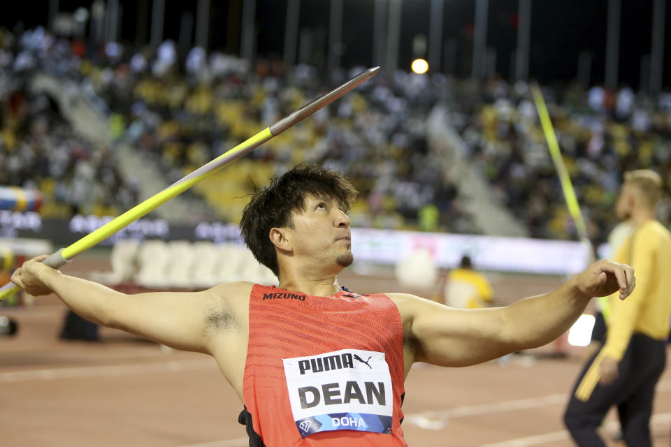 Roderick Genki Dean, of Japan, makes an attempt in the men's javelin throw during the Diamond League athletics meet at the Qatar Sports Club stadium in Doha, Friday, May 10, 2024. (AP Photo/Hussein Sayed)