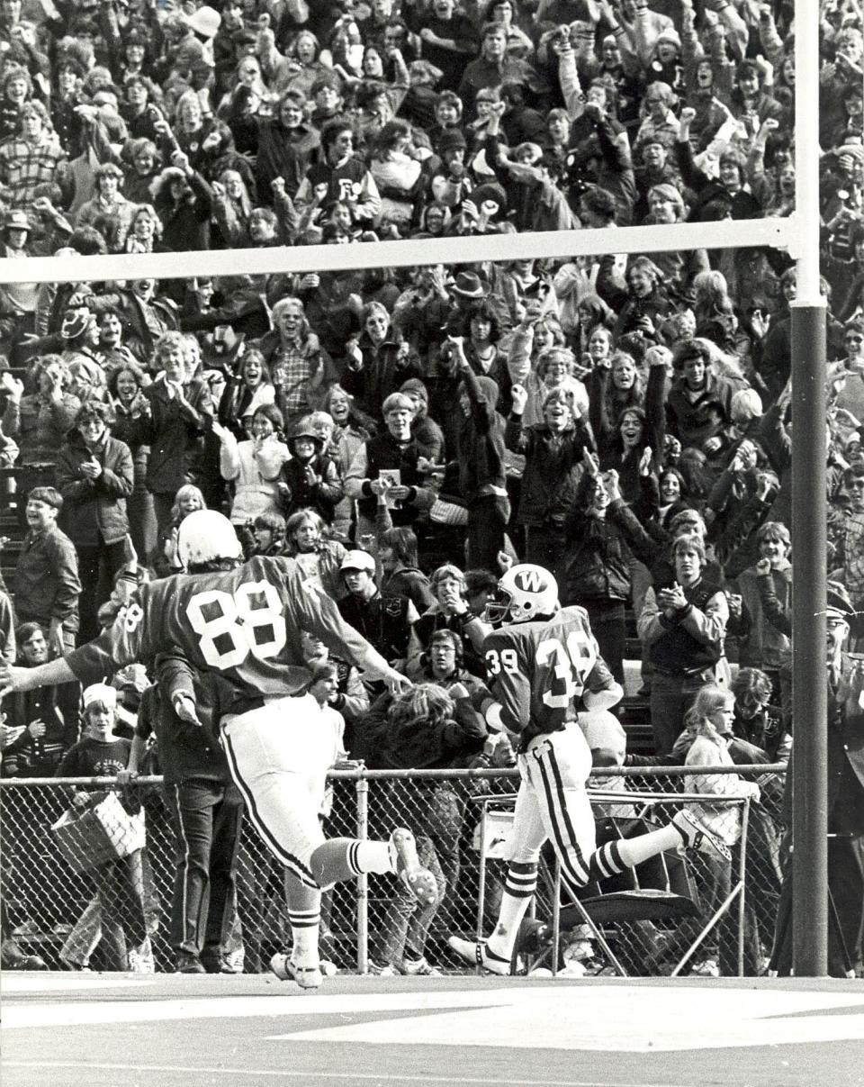 Wisconsin receiver Jeff Mack Sr. turns the corner in the end zone following a 77-yard touchdown reception in a 21-20 victory over fourth-ranked Nebraska on Sept. 21, 1974 at Camp Randall Stadium.