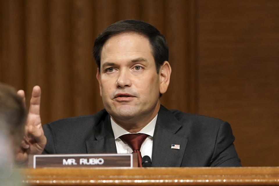 Sen. Marco Rubio, R-Fla., asks a question to Secretary of State Mike Pompeo during a Senate Foreign Relations committee hearing on the State Department's 2021 budget on Capitol Hill Thursday, July 30, 2020, in Washington. (Greg Nash/Pool via AP)
