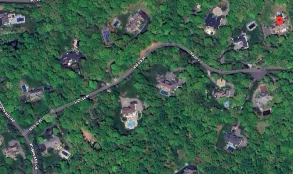 Hallock Place in North Castle, New York, about an hour north of Midtown Manhattan, is lined with multi-million dollar homes separated by spacious properties and trees. The arrow indicates where the police-involved shooting occurred.