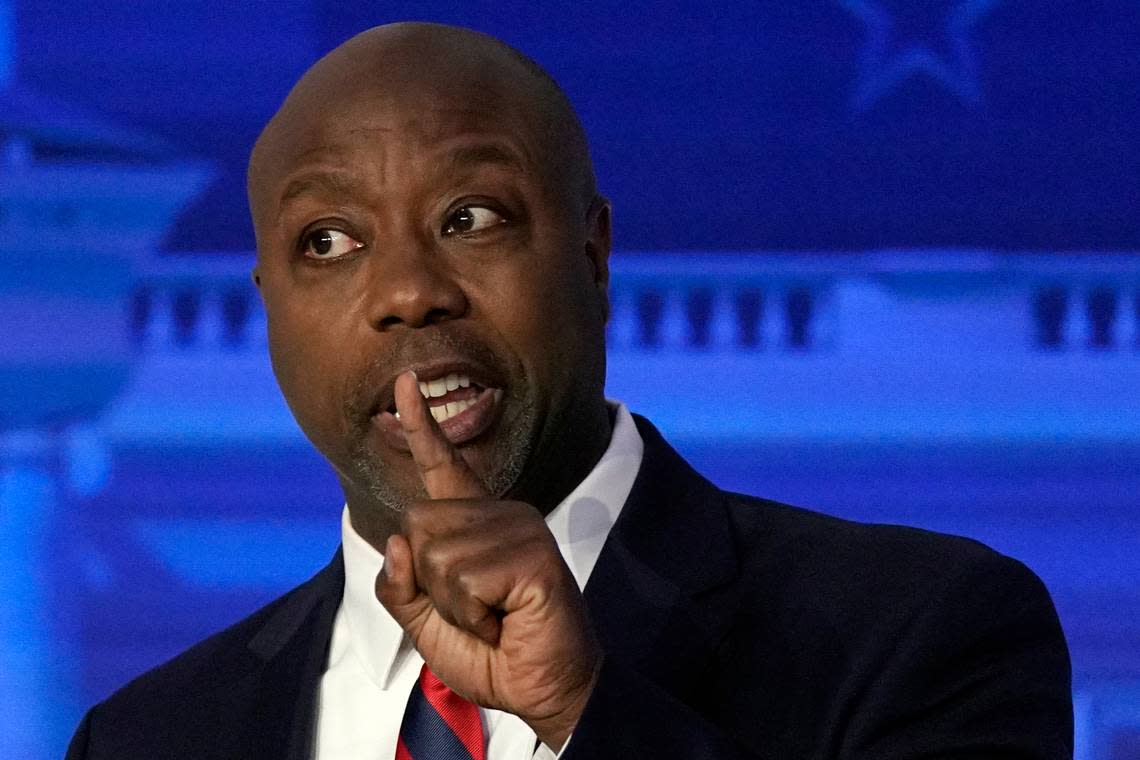 Sen. Tim Scott, R-S.C., speaks during a Republican presidential primary debate hosted by FOX Business Network and Univision, Wednesday, Sept. 27, 2023, at the Ronald Reagan Presidential Library in Simi Valley, Calif. (AP Photo/Mark J. Terrill)