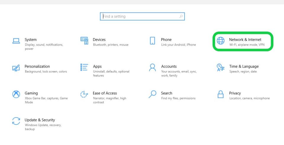 Windows 10 Settings menu open