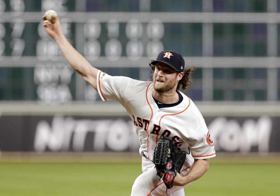 Houston Astros starting pitcher Gerrit Cole throws against the Tampa Bay Rays during the first inning of a baseball game Wednesday, Aug. 28, 2019, in Houston. (AP Photo/Michael Wyke)