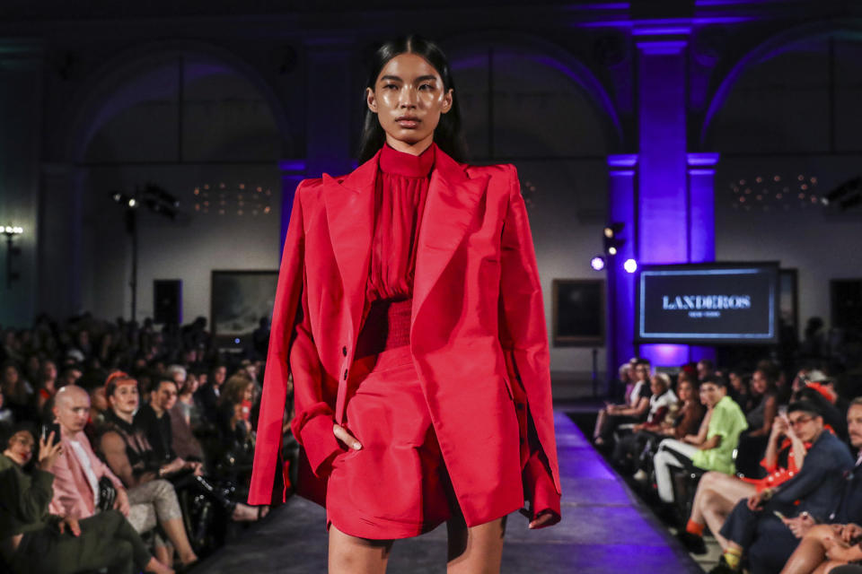 The Landeros New York collection is modeled during the dapperQ fashion show at the Brooklyn Museum on Thursday, Sept. 5, 2019, in New York. (AP Photo/Jeenah Moon)