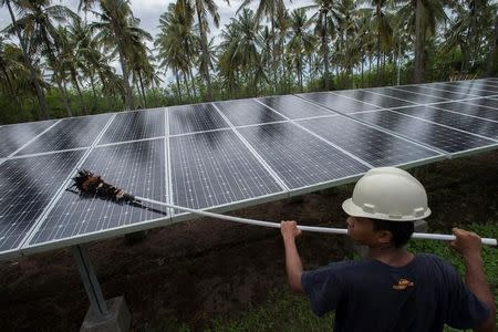 An employee of PT Perusahaan Listrik Negara (PLN) cleans the surface of solar panels at a solar power generation plant in Gili Meno island, in this December 9, 2014 photo taken by Antara Foto. REUTERS/Antara Foto/Widodo S. Jusuf./File Photo