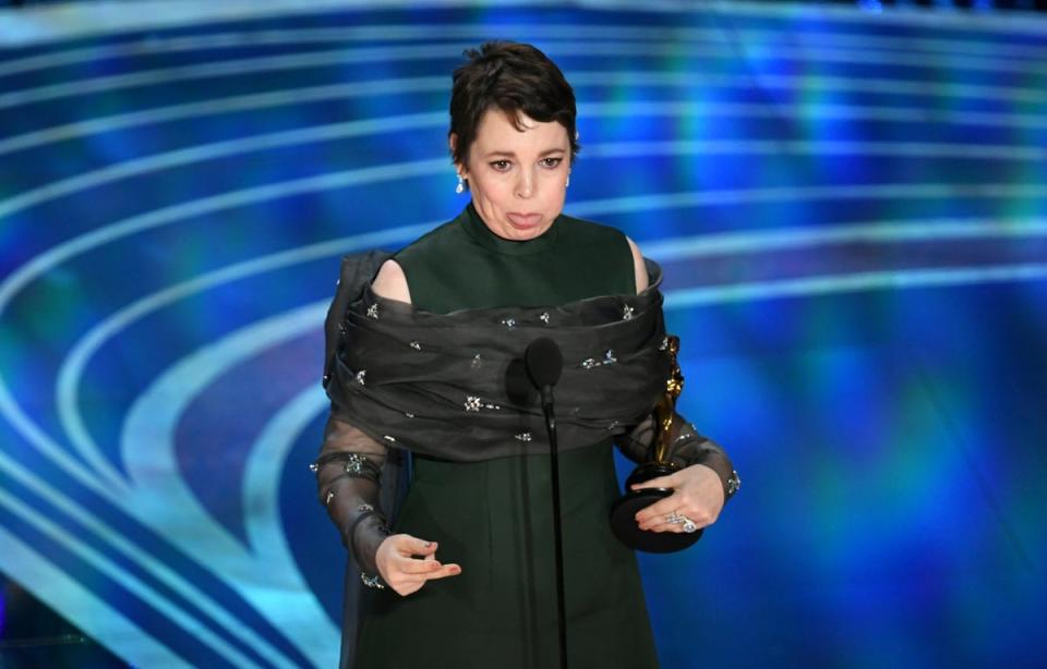2019: Olivia Colman accepts the Actress in a Leading Role award for 'The Favourite' onstage during the 91st Annual Academy Awards (Getty Images)