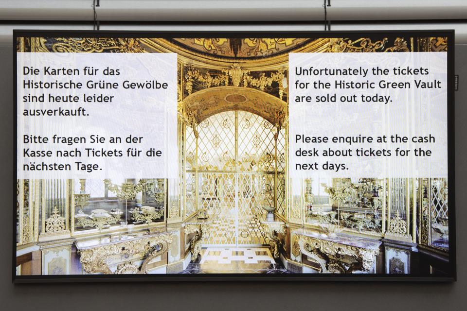 A screen at the entrance of the Green Vault shows the information that no tickest are available on Monday, Nov. 25, 2019. Authorities in Germany say thieves have carried out a brazen heist at Dresden’s Green Vault, one of the world’s oldest museum containing priceless treasures from around the world. ( Sebastian Kahnert/dpa via AP)