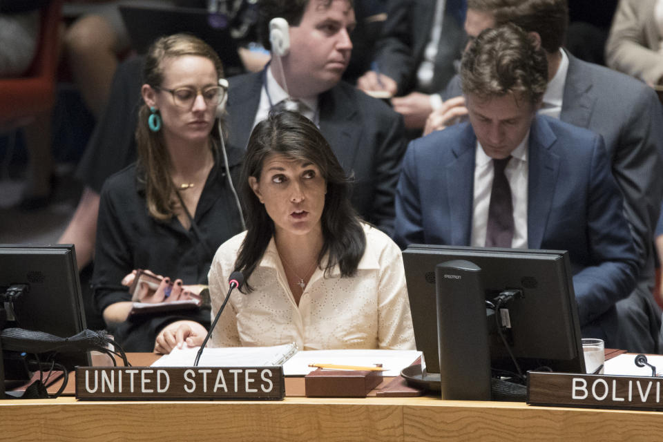 FILE - U.S. Ambassador to the United Nations Nikki Haley speaks during a Security Council meeting on the situation in Gaza, Tuesday, May 15, 2018, at United Nations headquarters. Few have navigated the turbulent politics of the Trump era like Haley. She once vowed not to step in the way if former President Donald Trump ran for the Republican presidential nomination in 2024. But on Wednesday, she is poised to become the first major Republican candidate to enter the race against him. (AP Photo/Mary Altaffer, File)