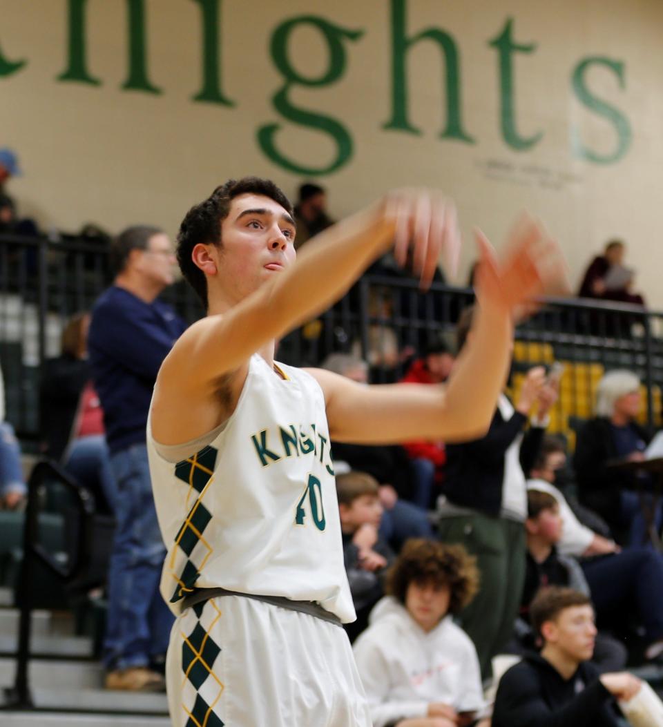 Northeastern junior Grant Luebbe shoots a jumper during warmups before a game against Rushville Jan. 21. 2022.