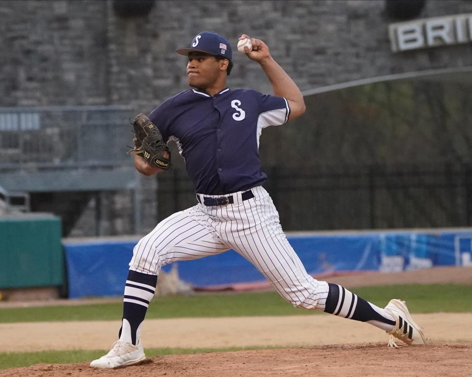 Suffern's Connor Southwell (9) delivers a pitch during the Crotty-Konkowski Wood Bat Classic baseball game against North Rockland at Clover Stadium in Pomona. Saturday, April 27, 2024.