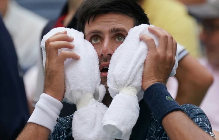 Hot work: Novak Djokovic towels off against Marton Fucsovics