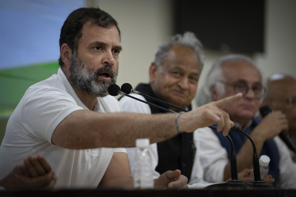 Indian opposition leader Rahul Gandhi addresses a press conference after he was expelled from parliament Friday, a day after a court convicted him of defamation and sentenced him to two years in prison for mocking the surname Modi in an election speech, in New Delhi, India, Saturday, March 25, 2023. The conviction and expulsion were widely condemned by opponents of Modi, who say democracy and free speech are under assault by a ruling government seeking to crush any dissent. (AP Photo/Altaf Qadri)