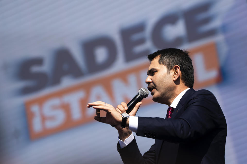Justice and Development Party, or AKP, candidate for Istanbul Murat Kurum addresses supporters during a campaign rally ahead of nationwide municipality elections, in Istanbul, Turkey, Sunday, March 24, 2024. With local elections across Turkey days away, legal experts are coaching thousands of volunteer election monitors on the rules they'll need to watch for fraud and ensure a fair vote. (AP Photo/Francisco Seco)