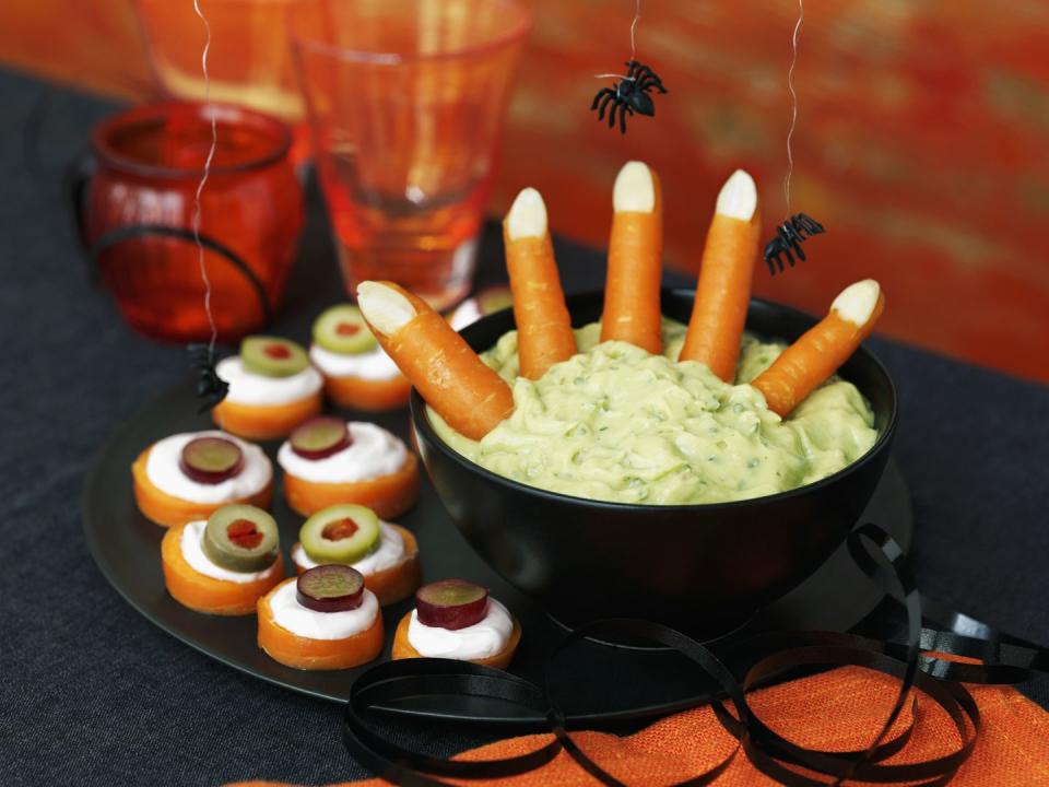 7) Carrot Fingers with Creamy Edamame Dip