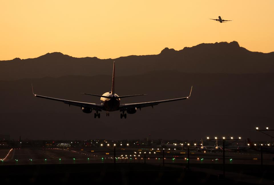 Planes land and take off from Harry Reid International Airport on October 14, 2022 in Las Vegas, Nevada.